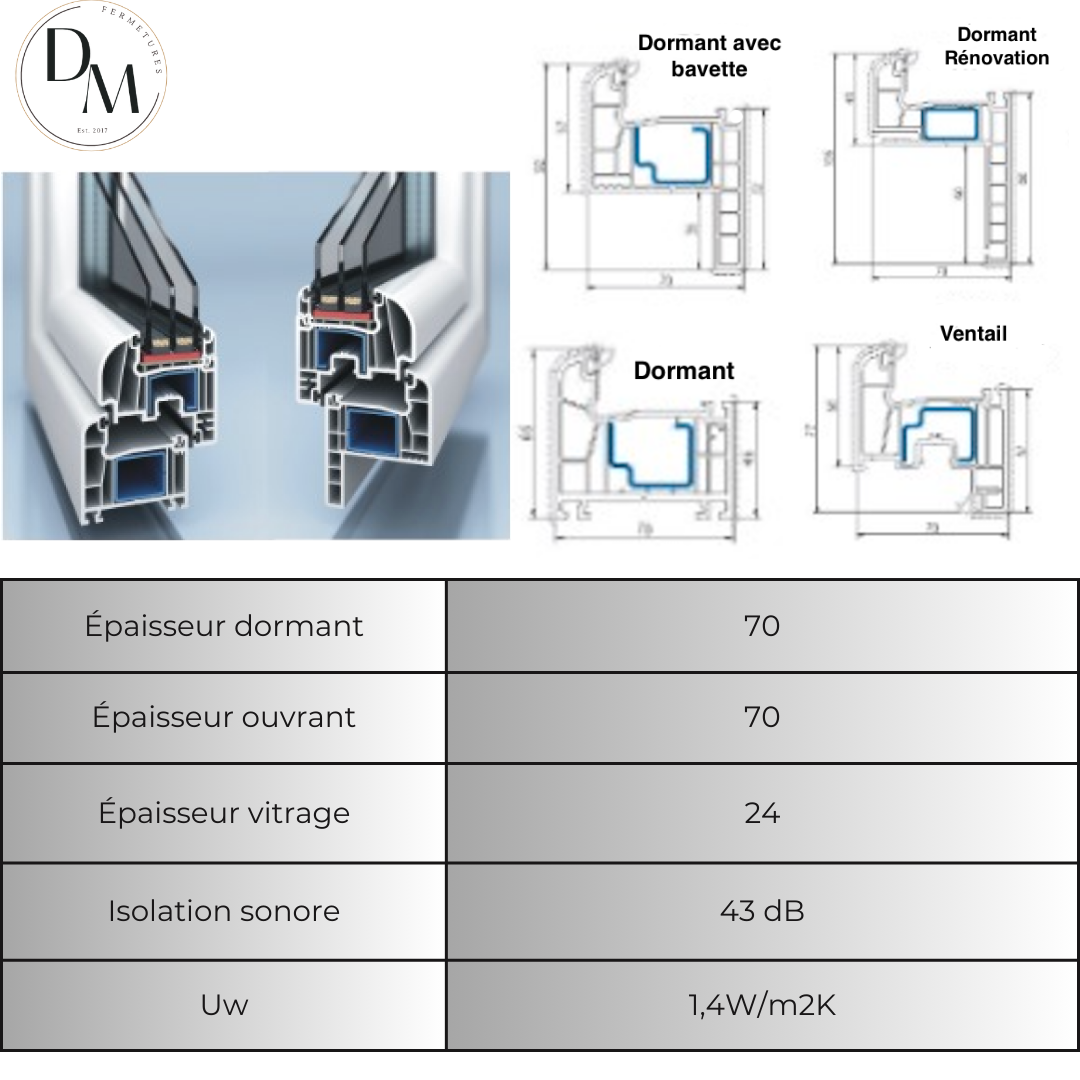 Option vitrage phonique 42 dB Fenêtre PVC cintré 1 ventail ouvrant