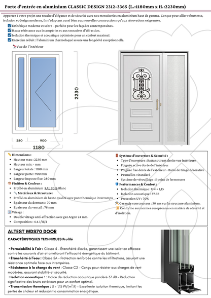 Porte d'entrée en aluminium CLASSIC DESIGN 2312-3365-1 (L.:1180mm x H.:2230mm)