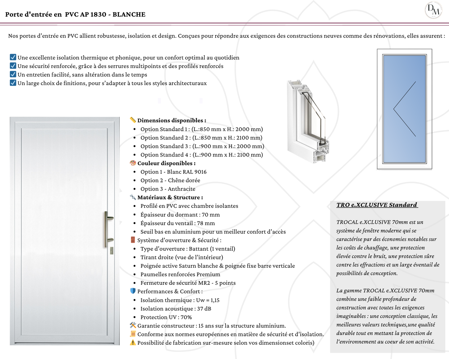 Porte d'entrée en  PVC AP 1830 - BLANCHE