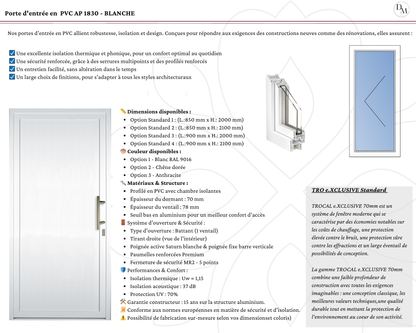 Porte d'entrée en  PVC AP 1830 - BLANCHE