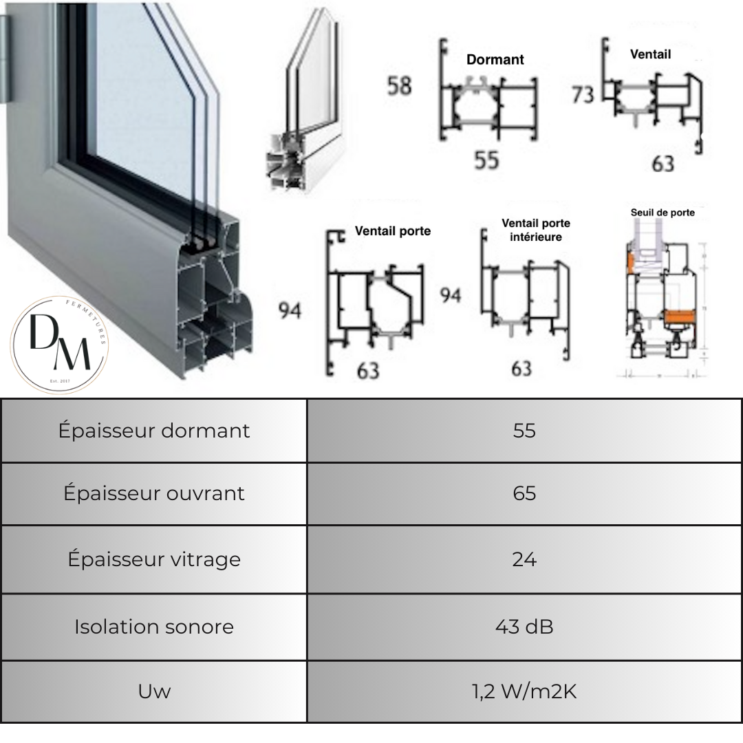 Fenêtre Aluminium avec 1 ventail ouvrant (L.:1200mm x H.:2000)