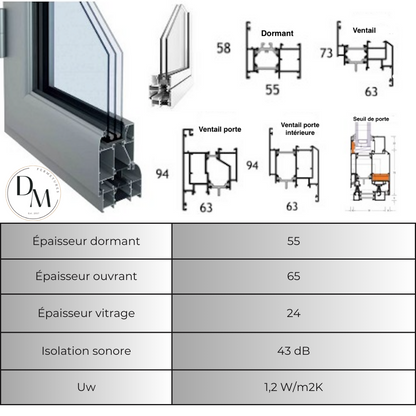 Fenêtre Aluminium avec 1 ventail ouvrant (L.:1200mm x H.:2000)