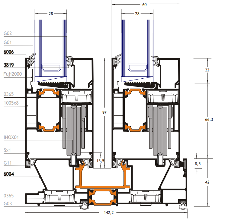 Châssis coulissant en aluminium 2 ventaux DMBG Pro (L.:1800mm x H.:2140mm)